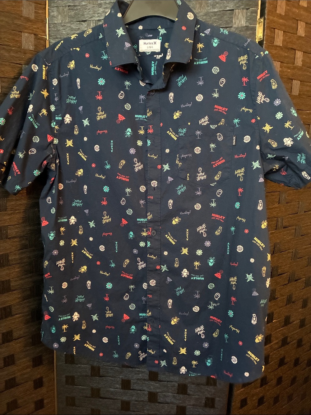Hurley Navy Short-Sleeve Button-Down Shirt with Multicolor Tropical Icons